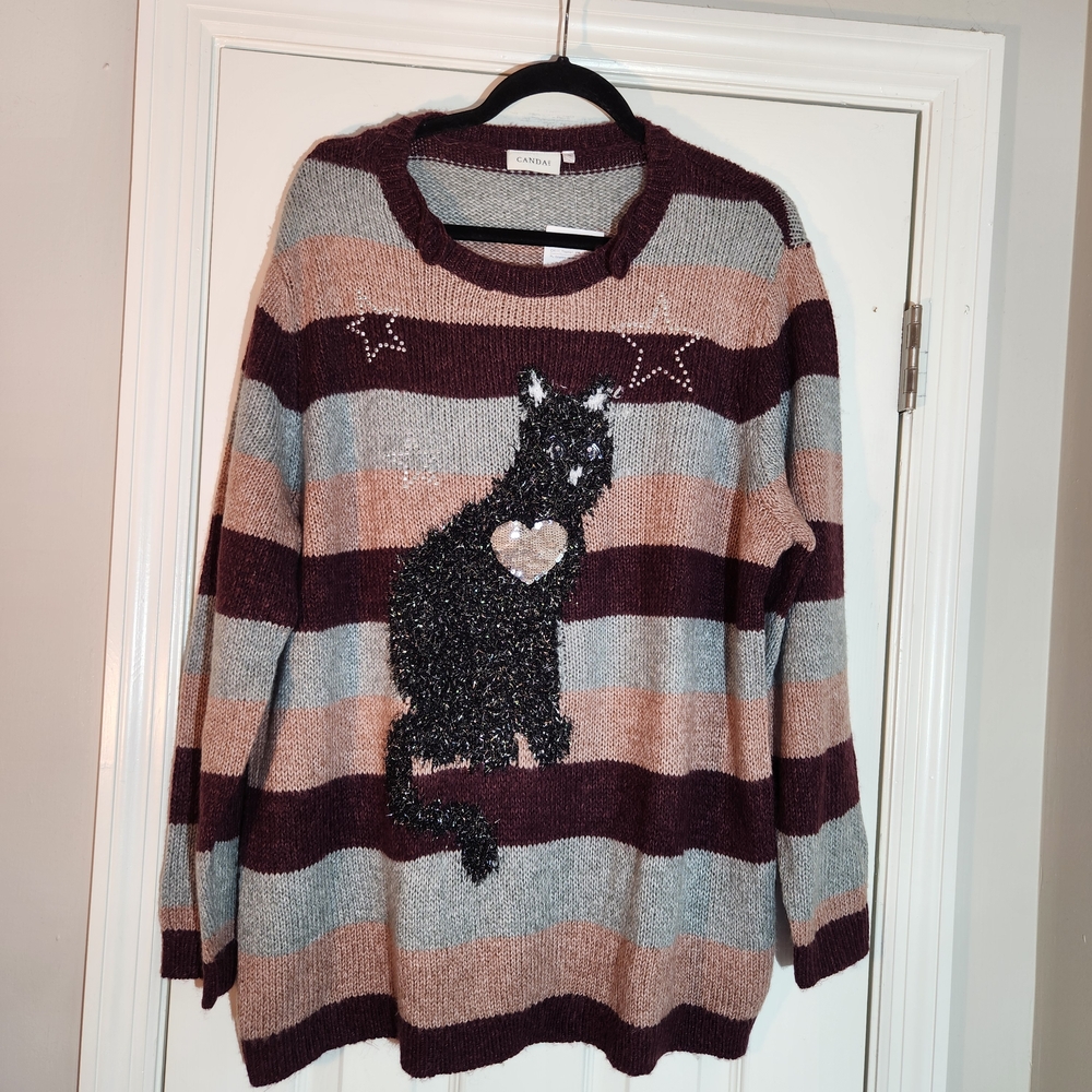 NWT Canda Striped Crew Sweater with Sparkly Black Cat Stars - XL